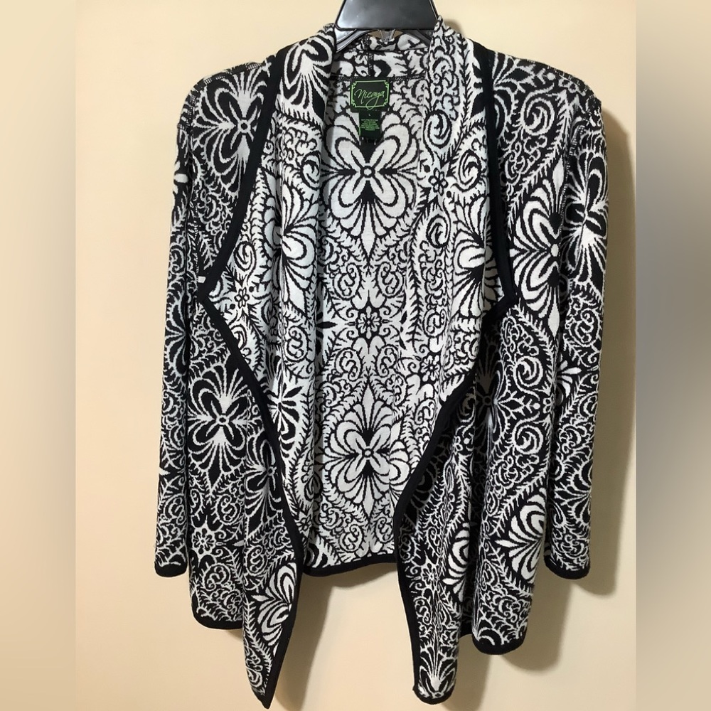 Nicaea drape front jacket in a beautiful black & white print with black trim LG